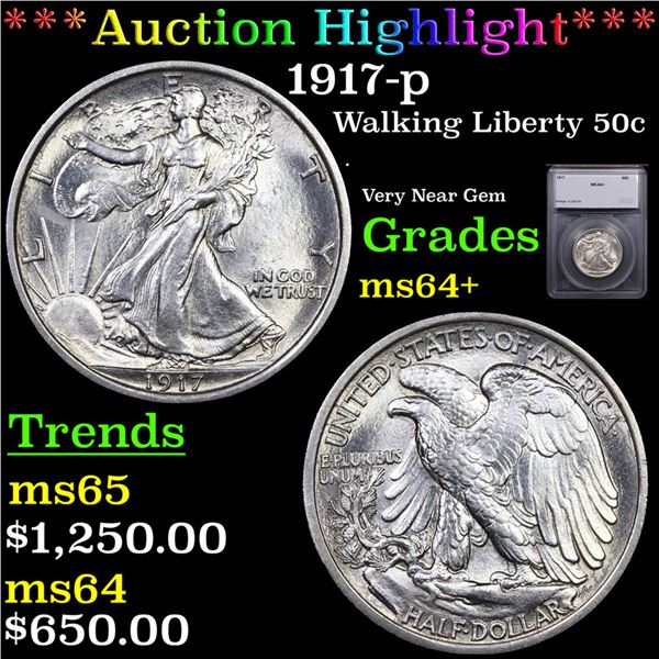 ***Auction Highlight*** 1917-p Walking Liberty Half Dollar 50c Graded ms64+ By SEGS (fc)