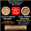 Image 1 : Mixed small cents 1c orig shotgun roll, 1919-d Wheat Cent, 1889 Indian Cent other end, Brinks Wrappe