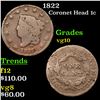 Image 1 : 1822 Coronet Head Large Cent 1c Grades vg+