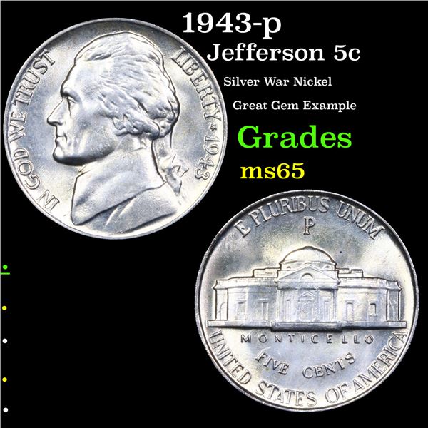 1943-p Jefferson Nickel 5c Grades GEM Unc