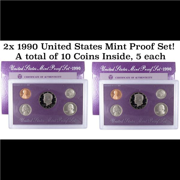 2x 1990 United States Mint Proof Set! A total of 10 Coins Inside, 5 each!