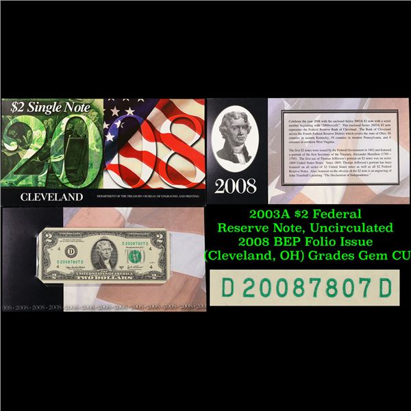 2003A $2 Federal Reserve Note, Uncirculated 2008 BEP Folio Issue (Cleveland, OH) Grades Gem CU