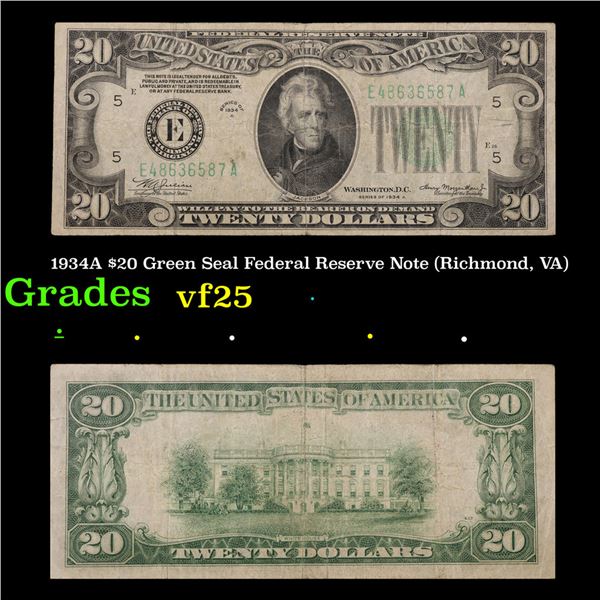 1934A $20 Green Seal Federal Reserve Note (Richmond, VA) Grades vf+