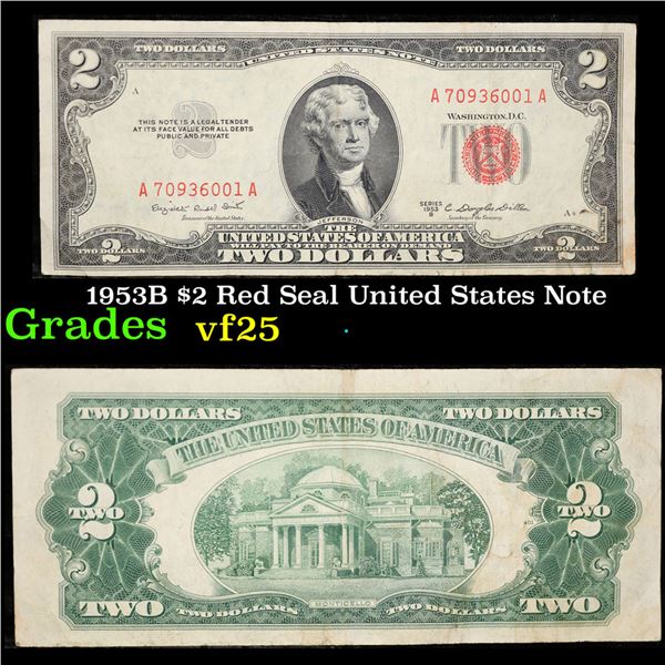 1953B $2 Red Seal United States Note Grades vf+