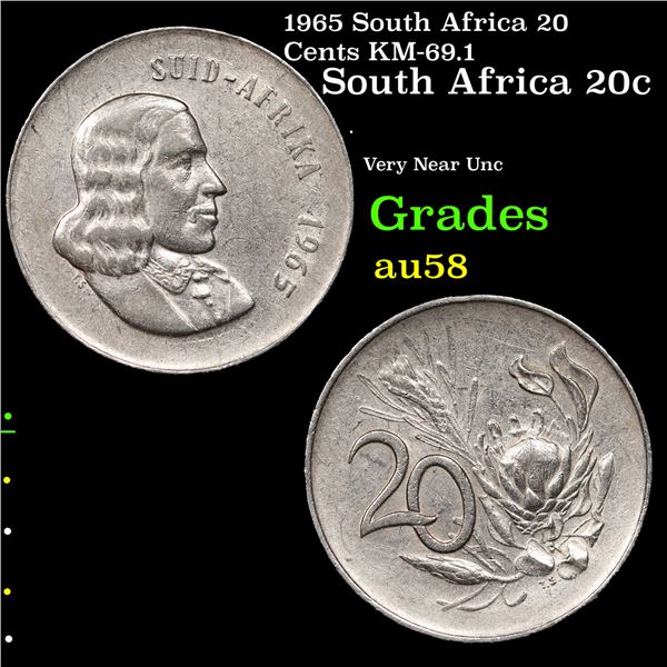 1965 South Africa 20 Cents KM-69.1 Grades Choice AU/BU Slider