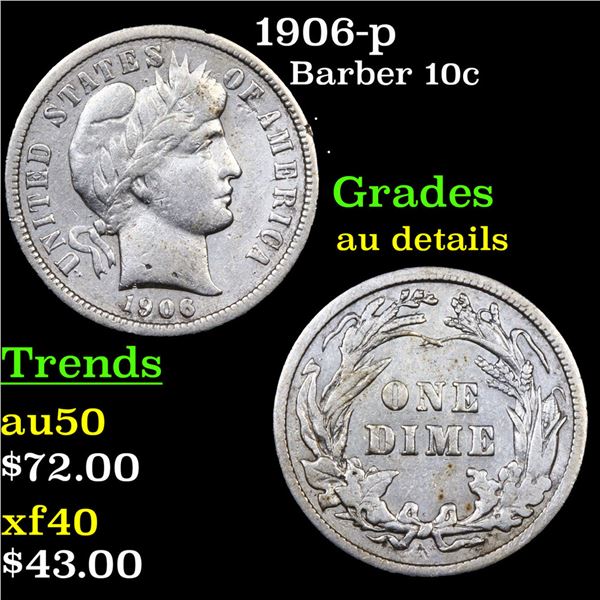 1906-p Barber Dime 10c Grades AU Details