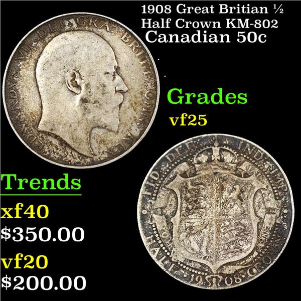 1908 Great Britian 1/2 Half Crown KM-802 Grades vf+