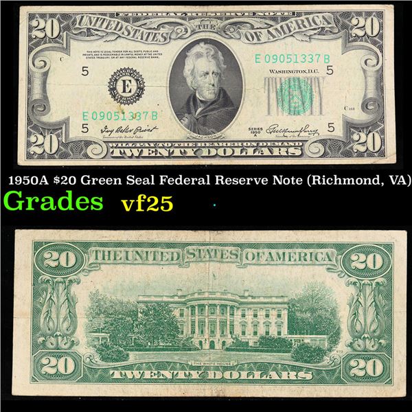 1950A $20 Green Seal Federal Reserve Note (Richmond, VA) Grades vf+