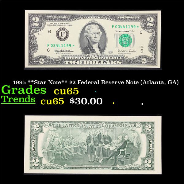 1995 **Star Note** $2 Federal Reserve Note (Atlanta, GA) Grades Gem CU