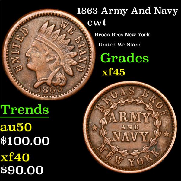 1863 Army And Navy Civil War Token 1c Grades xf+