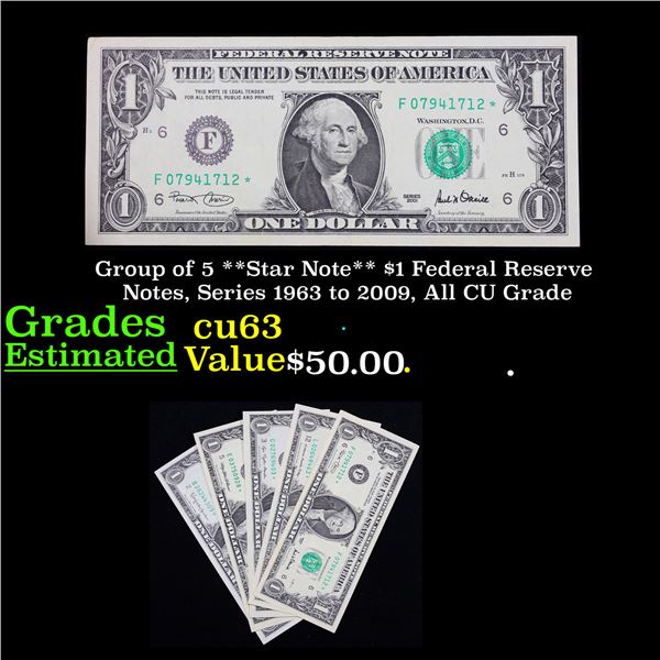 Group of 5 **Star Note** $1 Federal Reserve Notes, Series 1963 to 2009, All CU Grade Grades Select C