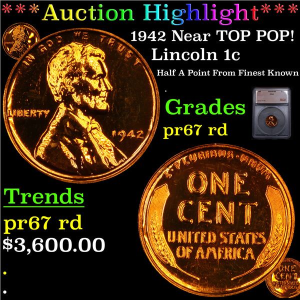 Proof ***Auction Highlight*** 1942 Lincoln Cent Near TOP POP! 1c Graded pr67 rd BY SEGS (fc)