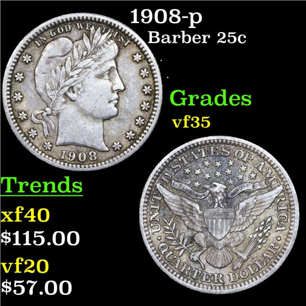 1908-p Barber Quarter 25c Grades vf++