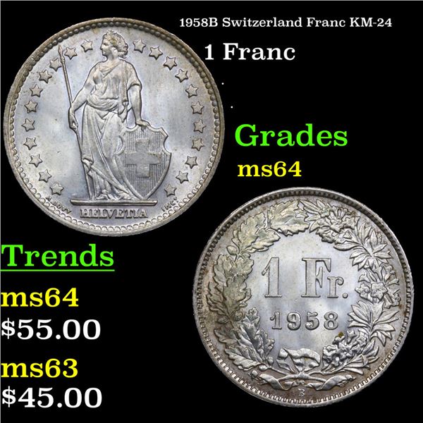 1958B Switzerland Franc KM-24 Grades Choice Unc