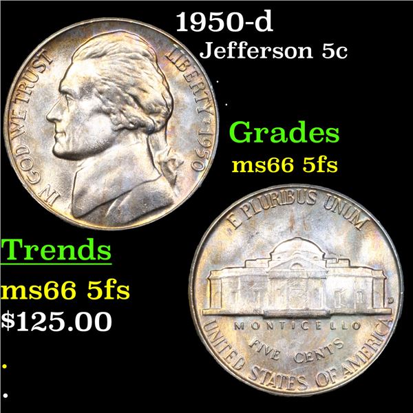 1950-d Jefferson Nickel 5c Grades GEM+ 5fs