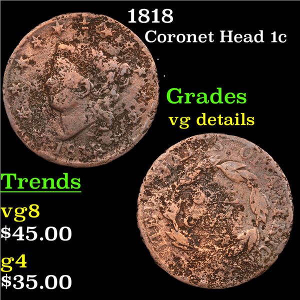 1818 Coronet Head Large Cent 1c Grades vg details