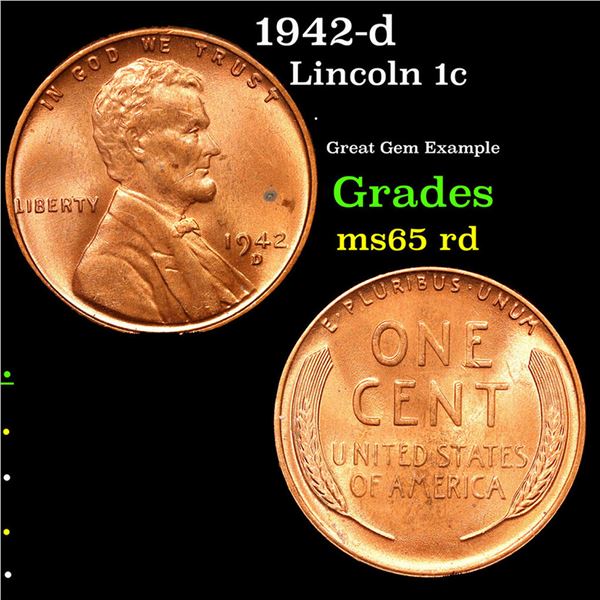 1942-d Lincoln Cent 1c Grades GEM Unc RD