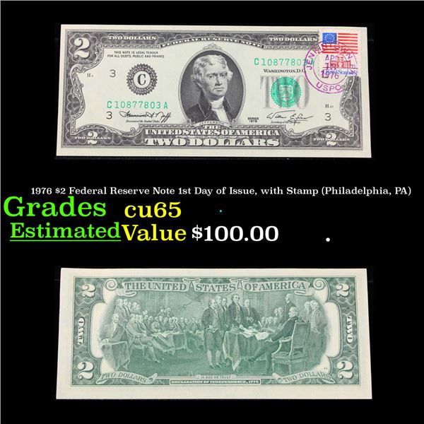 1976 $2 Federal Reserve Note 1st Day of Issue, with Stamp (Philadelphia, PA) Grades Gem CU