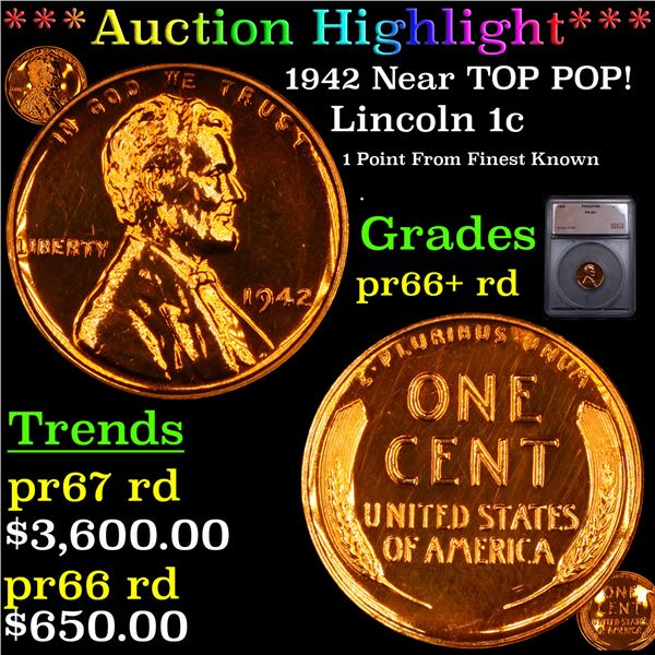 Proof ***Auction Highlight*** 1942 Lincoln Cent Near TOP POP! 1c Graded pr66+ rd BY SEGS (fc)