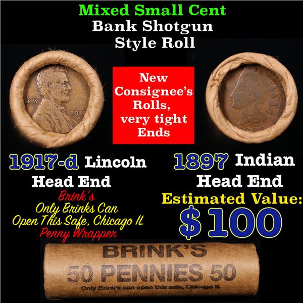 Mixed small cents 1c orig shotgun roll, 1917-d Wheat Cent, 1897 Indian Cent other end, Brinks Wrappe