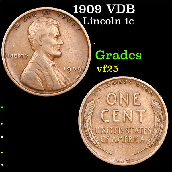 1909 VDB Lincoln Cent 1c Grades vf+