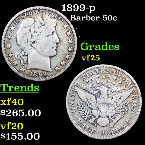 1899-p Barber Half Dollars 50c Grades vf+