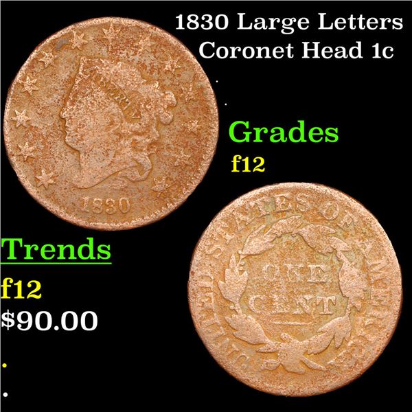 1830 Large Letters Coronet Head Large Cent 1c Grades f, fine