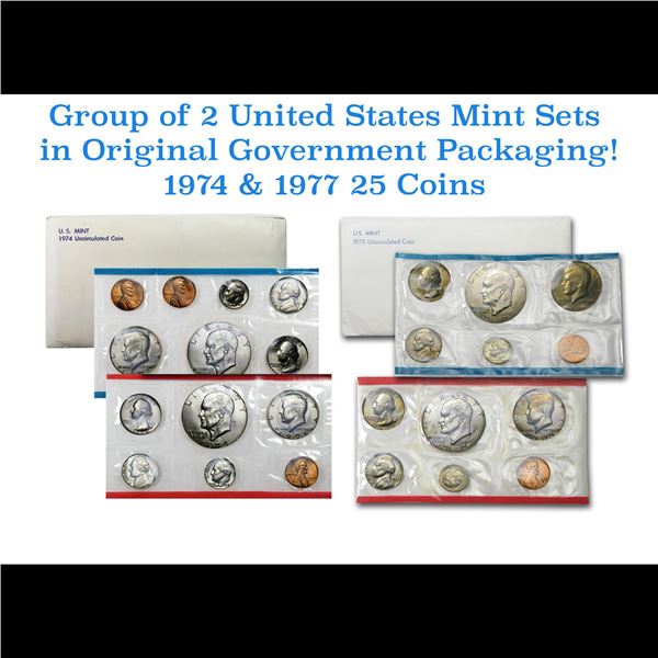 Group of 2 United States Mint Set in Original Government Packaging! From 1974-1975 with 25 Coins Ins