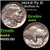 Image 1 : 1913-d Ty II Buffalo Nickel 5c Grades Choice Unc
