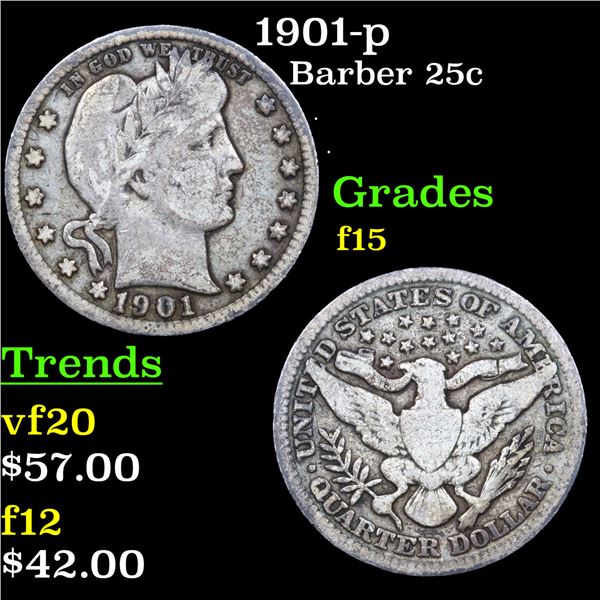 1901-p Barber Quarter 25c Grades f+