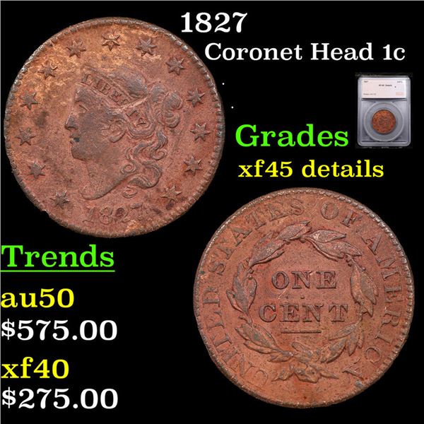 1827 Coronet Head Large Cent 1c Graded xf45 details By SEGS