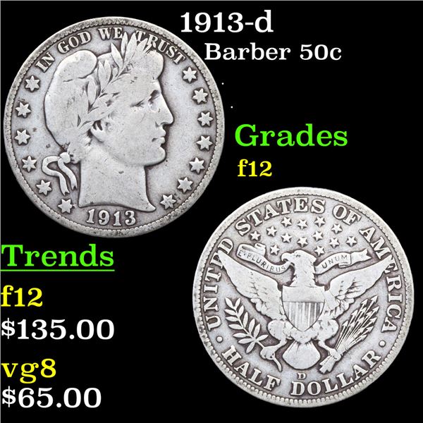 1913-d Barber Half Dollars 50c Grades f, fine