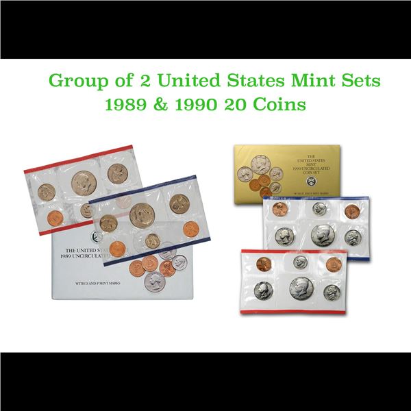 Group of 2 United States Mint Set in Original Government Packaging! From 1989-1990 with 20 Coins Ins