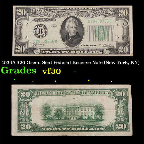 1934A $20 Green Seal Federal Reserve Note (New York, NY) Grades vf++