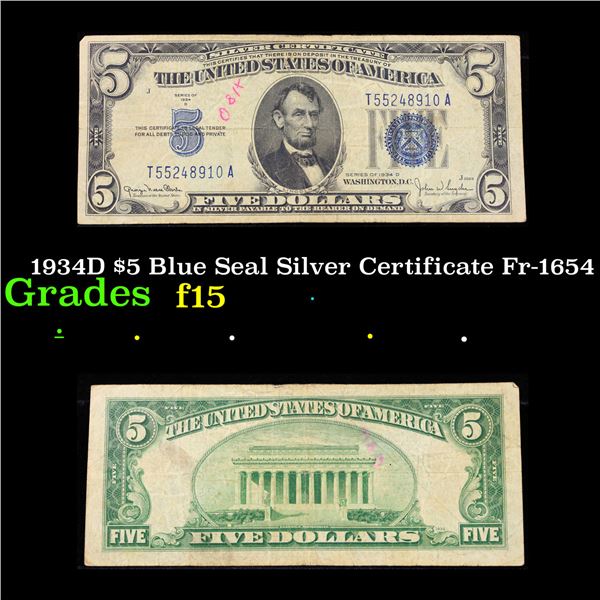 1934D $5 Blue Seal Silver Certificate Fr-1654 Grades f+
