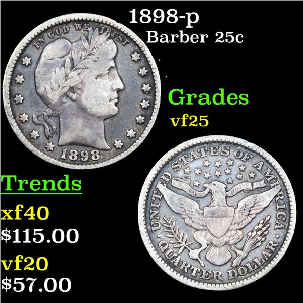 1898-p Barber Quarter 25c Grades vf+