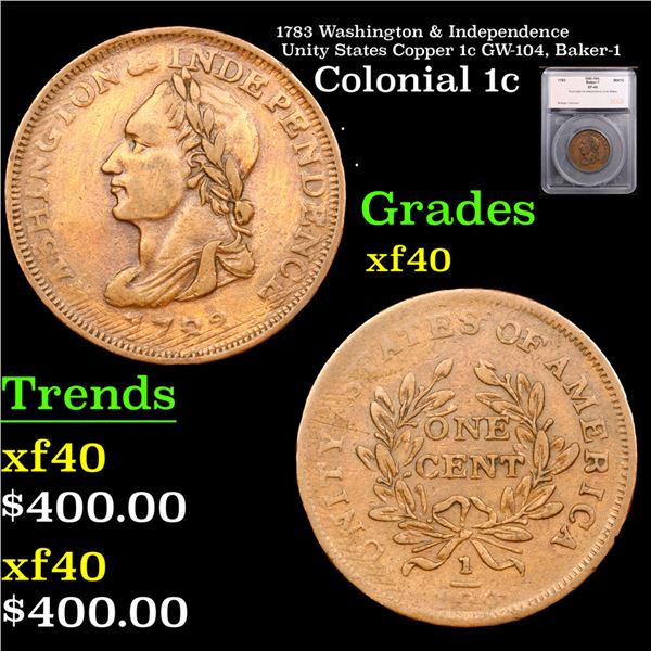 1783 Washington & Independence Unity States Copper 1c Colonial Cent GW-104, Baker-1 1c Graded xf40 B