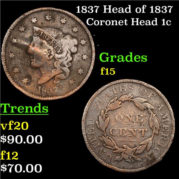 1837 Head of 1837 Coronet Head Large Cent 1c Grades f+