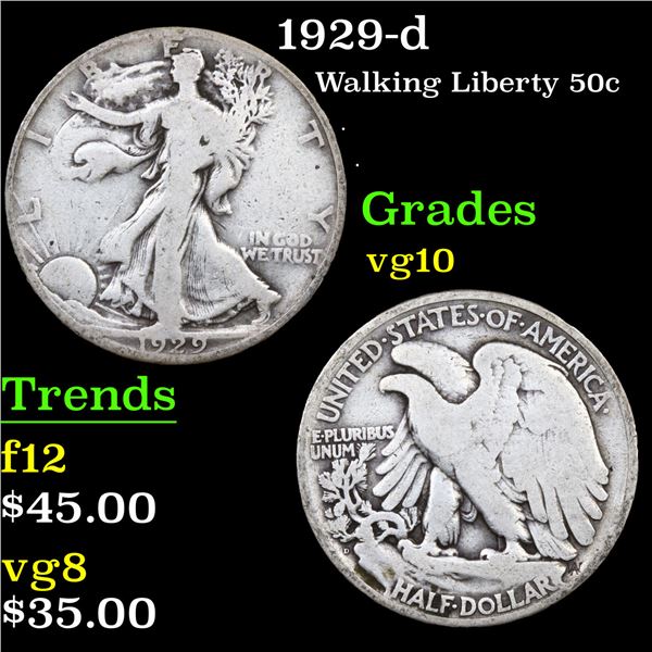 1929-d Walking Liberty Half Dollar 50c Grades vg+