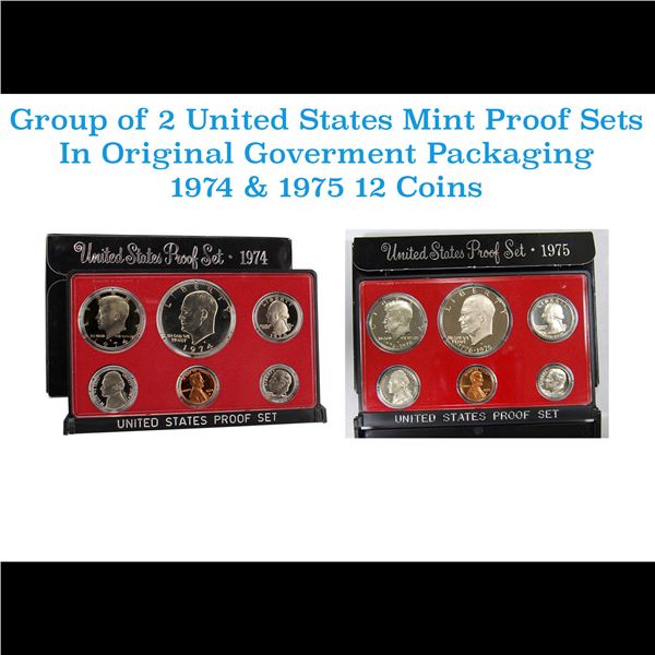 Group of 2 United States Mint Proof Sets 1974-75 12 coins