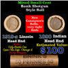 Image 1 : Mixed small cents 1c orig shotgun roll, 1919-s Wheat Cent, 1890 Indian Cent other end, Brinks Wrappe