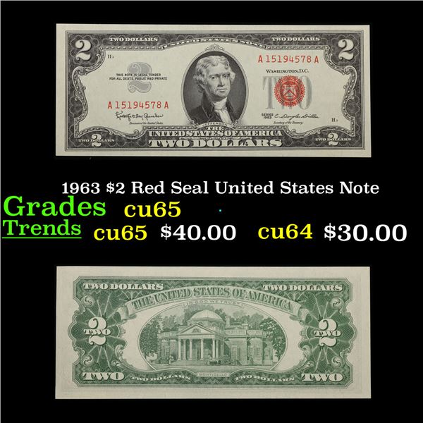 1963 $2 Red Seal United States Note Grades Gem CU