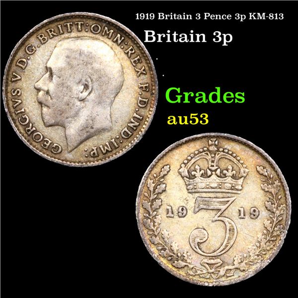 1919 Britain 3 Pence 3p KM-813 Grades Select AU