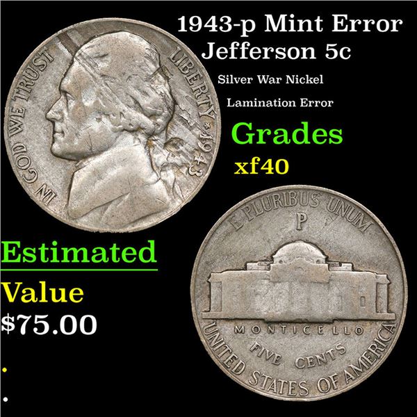 1943-p Jefferson Nickel Mint Error 5c Grades xf