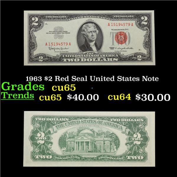 1963 $2 Red Seal United States Note Grades Gem CU