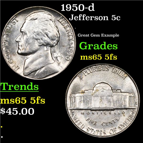 1950-d Jefferson Nickel 5c Grades GEM 5fs