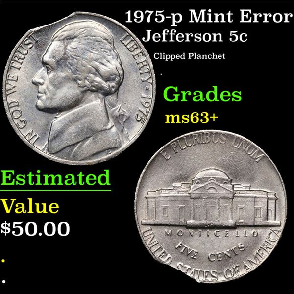 1975-p Jefferson Nickel Mint Error 5c Grades Select+ Unc