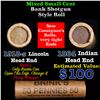 Image 1 : Mixed small cents 1c orig shotgun roll, 1918-s Wheat Cent, 1864 Indian Cent other end, Brinks Wrappe