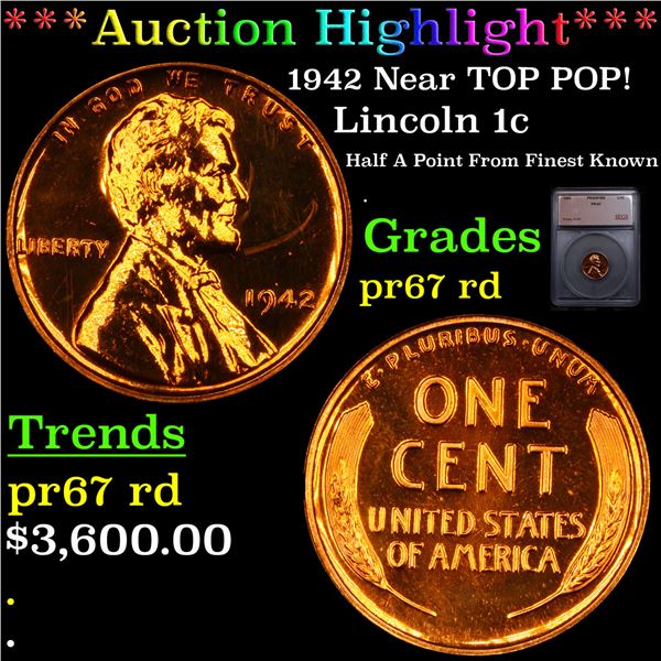 Proof ***Auction Highlight*** 1942 Lincoln Cent Near TOP POP! 1c Graded pr67 rd BY SEGS (fc)