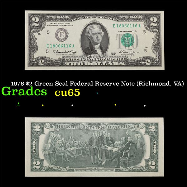 1976 $2 Green Seal Federal Reserve Note (Richmond, VA) Grades Gem CU